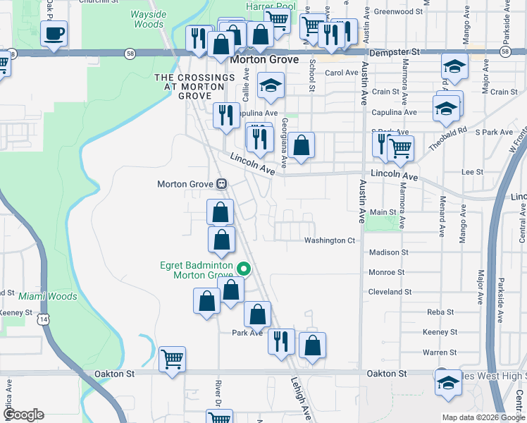 map of restaurants, bars, coffee shops, grocery stores, and more near 8302 Callie Avenue in Morton Grove
