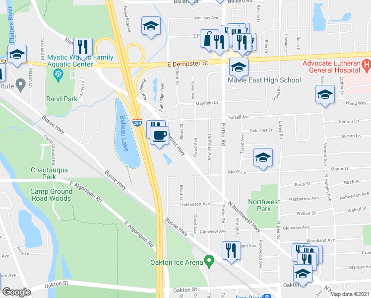 map of restaurants, bars, coffee shops, grocery stores, and more near 1400 Renaissance Drive in Park Ridge