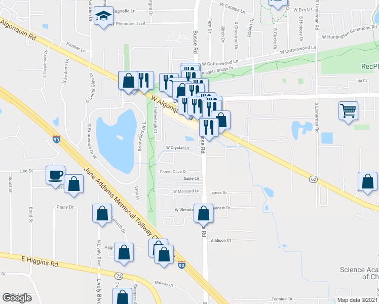 map of restaurants, bars, coffee shops, grocery stores, and more near 0 North Mount Prospect Road in Mount Prospect