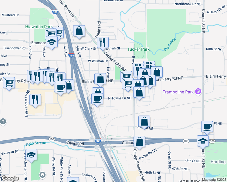 map of restaurants, bars, coffee shops, grocery stores, and more near 2112 North Towne Court Northeast in Cedar Rapids