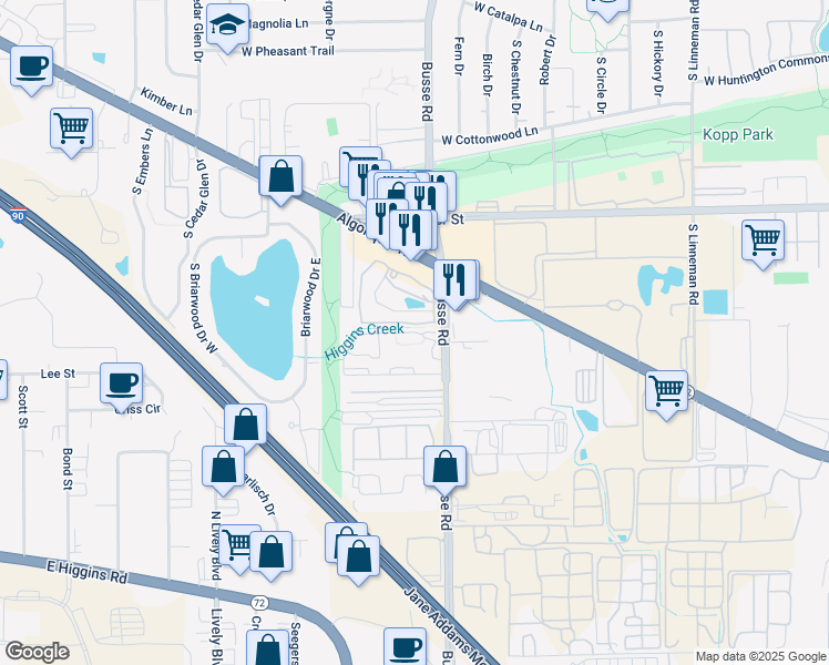 map of restaurants, bars, coffee shops, grocery stores, and more near Forest Cove Drive in Mount Prospect