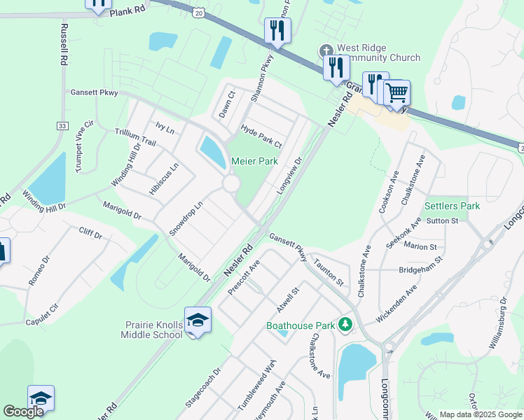 map of restaurants, bars, coffee shops, grocery stores, and more near 290 Longview Drive in Elgin