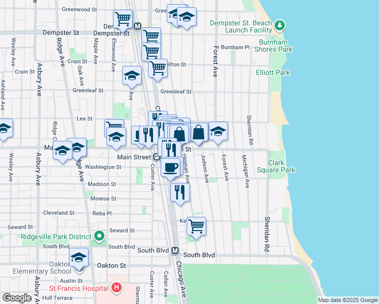 map of restaurants, bars, coffee shops, grocery stores, and more near 834 Judson Avenue in Evanston