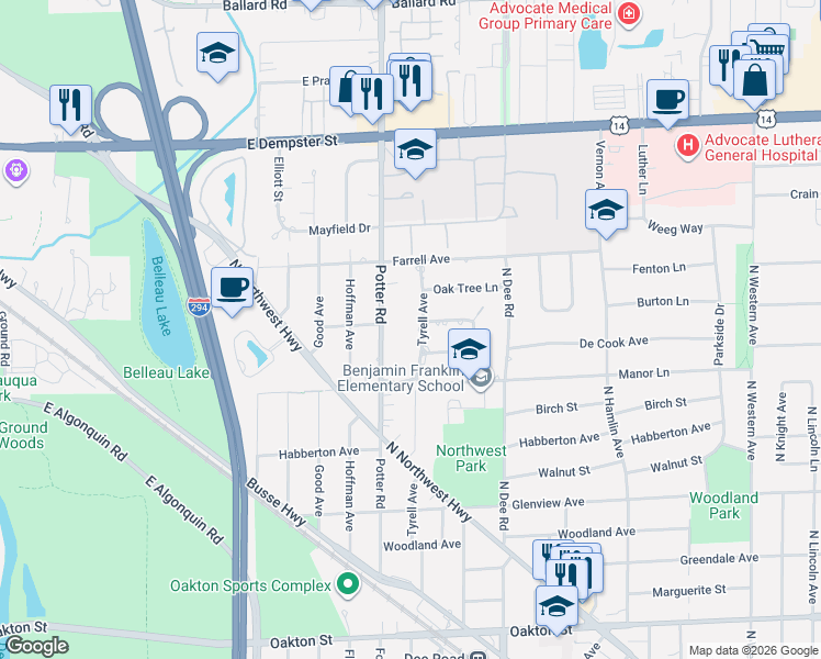 map of restaurants, bars, coffee shops, grocery stores, and more near 1423 Potter Road in Park Ridge