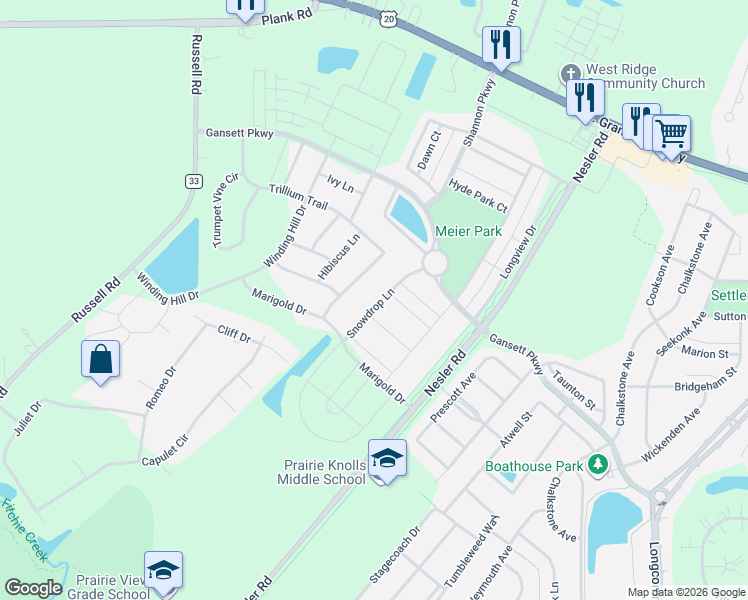 map of restaurants, bars, coffee shops, grocery stores, and more near 342 Snowdrop Lane in Elgin