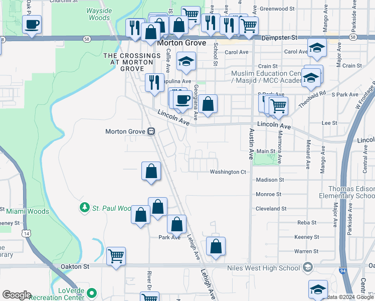 map of restaurants, bars, coffee shops, grocery stores, and more near 8344 Concord Drive in Morton Grove
