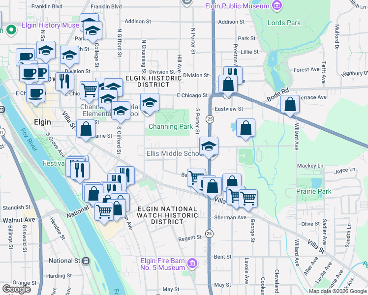 map of restaurants, bars, coffee shops, grocery stores, and more near 153 Henry Street in Elgin