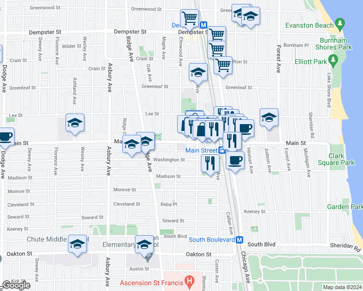 map of restaurants, bars, coffee shops, grocery stores, and more near 840 Main Street in Evanston