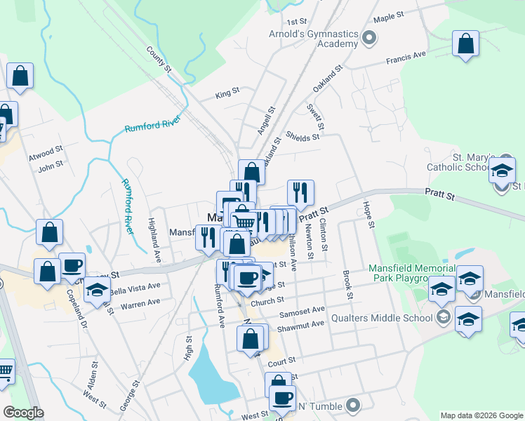 map of restaurants, bars, coffee shops, grocery stores, and more near 3 Thompson Street in Mansfield