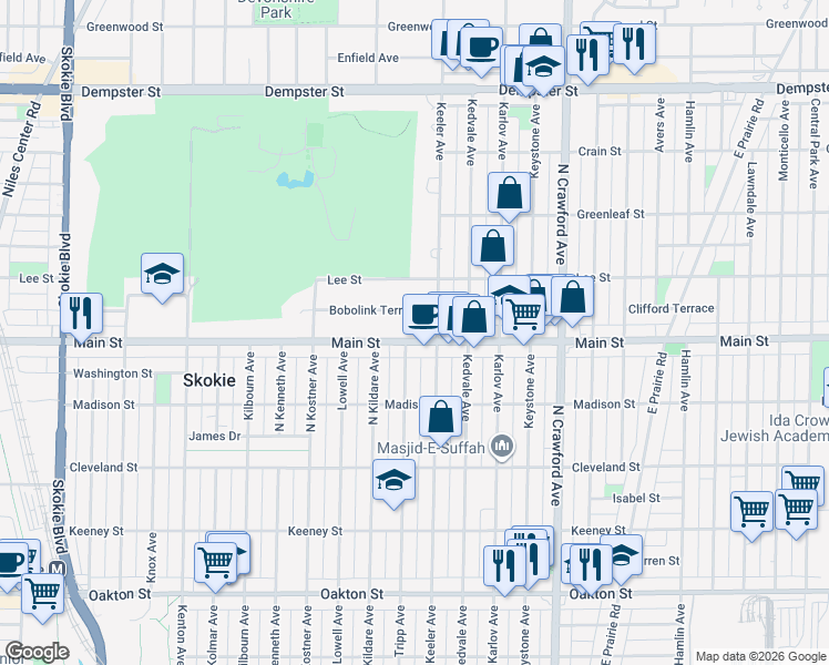 map of restaurants, bars, coffee shops, grocery stores, and more near 4218 Main Street in Skokie
