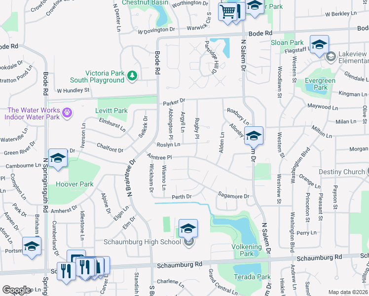map of restaurants, bars, coffee shops, grocery stores, and more near 417 Argyll Lane in Schaumburg