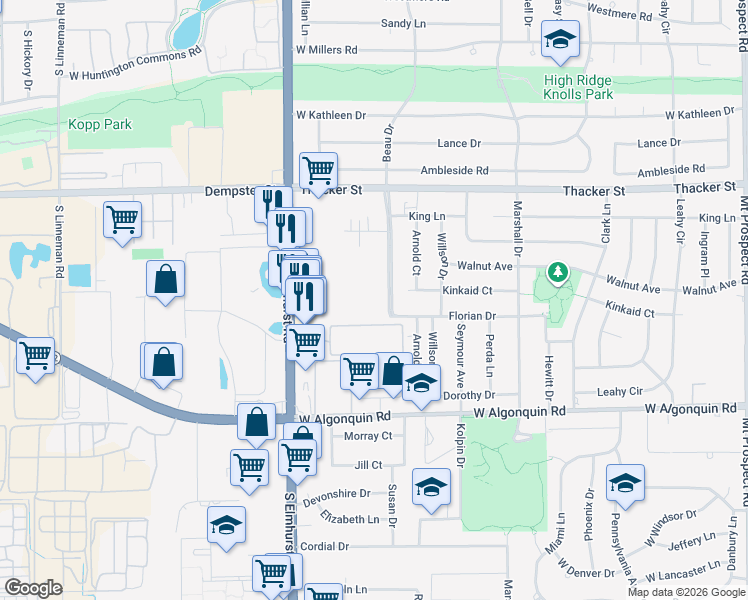 map of restaurants, bars, coffee shops, grocery stores, and more near 960 Beau Drive in Des Plaines