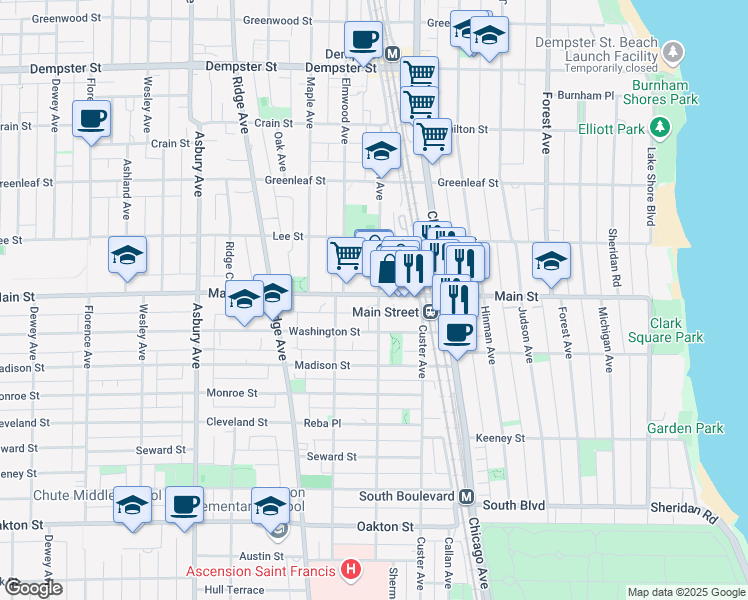 map of restaurants, bars, coffee shops, grocery stores, and more near 914 Sherman Avenue in Evanston
