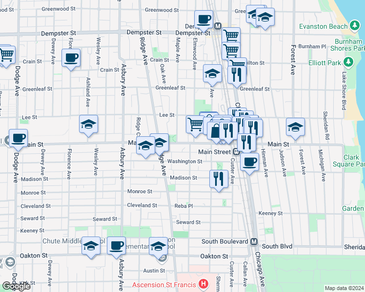 map of restaurants, bars, coffee shops, grocery stores, and more near 912 Elmwood Avenue in Evanston