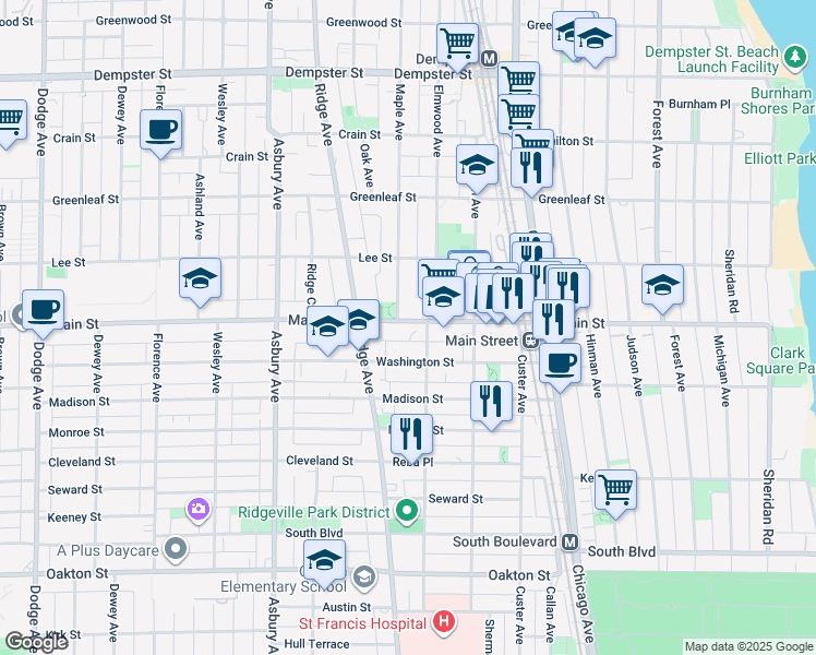 map of restaurants, bars, coffee shops, grocery stores, and more near 916 Maple Avenue in Evanston