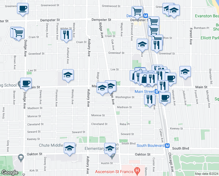 map of restaurants, bars, coffee shops, grocery stores, and more near 910 Ridge Avenue in Evanston