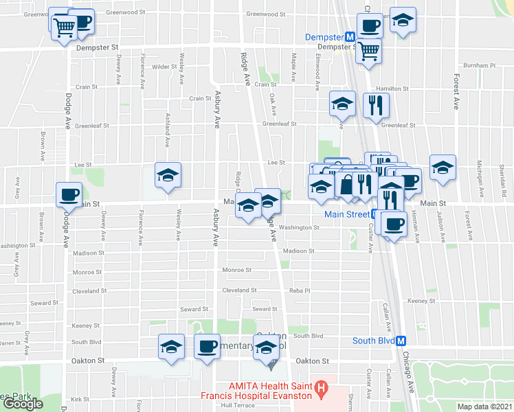 map of restaurants, bars, coffee shops, grocery stores, and more near 910 Ridge Avenue in Evanston