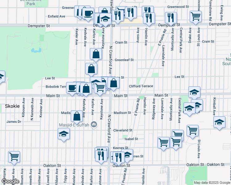 map of restaurants, bars, coffee shops, grocery stores, and more near 8433 Crawford Avenue in Skokie