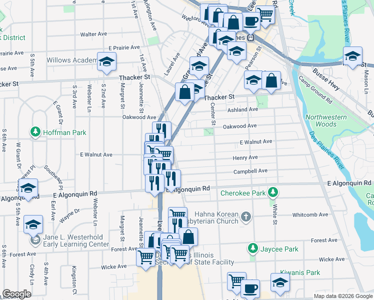 map of restaurants, bars, coffee shops, grocery stores, and more near 1272 East Walnut Avenue in Des Plaines