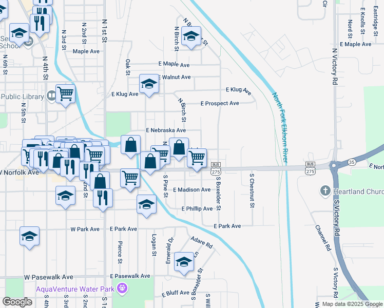 map of restaurants, bars, coffee shops, grocery stores, and more near 504 East Nebraska Avenue in Norfolk