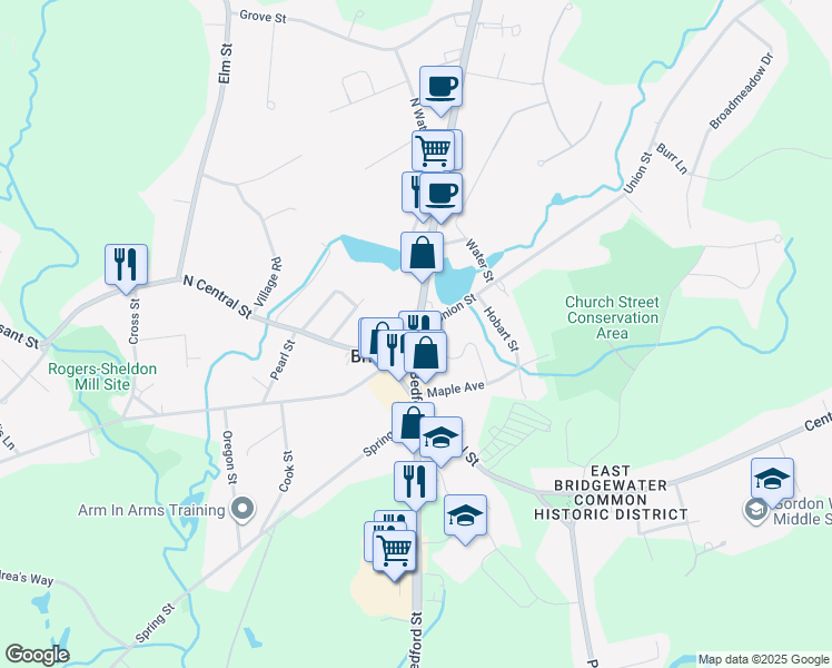 map of restaurants, bars, coffee shops, grocery stores, and more near 4 Bedford Street in East Bridgewater
