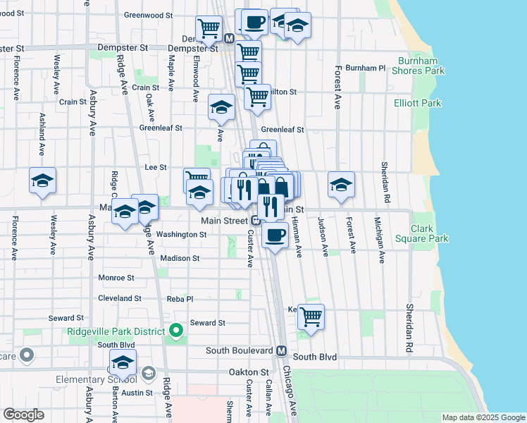 map of restaurants, bars, coffee shops, grocery stores, and more near 860 Chicago Avenue in Evanston