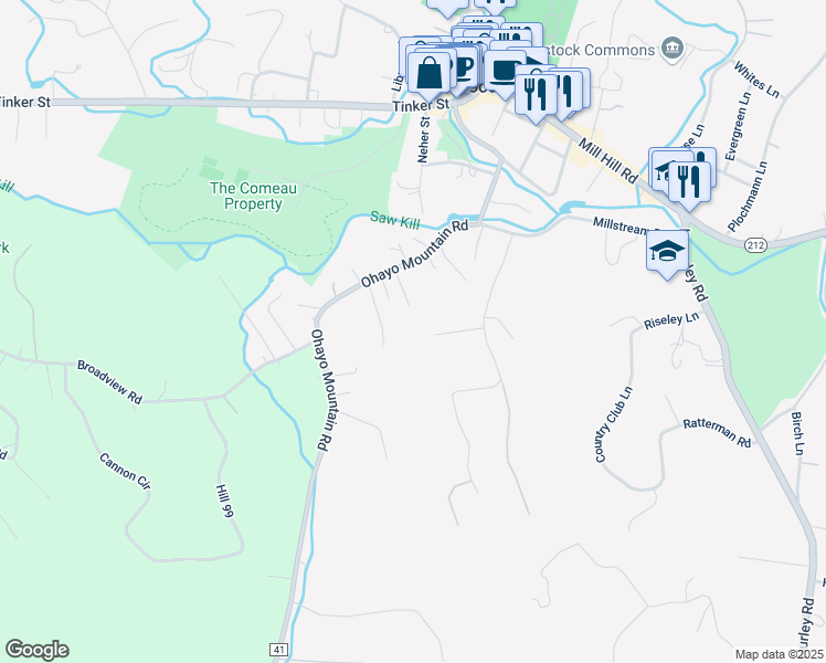 map of restaurants, bars, coffee shops, grocery stores, and more near 12 Tatra Ridge Road in Woodstock