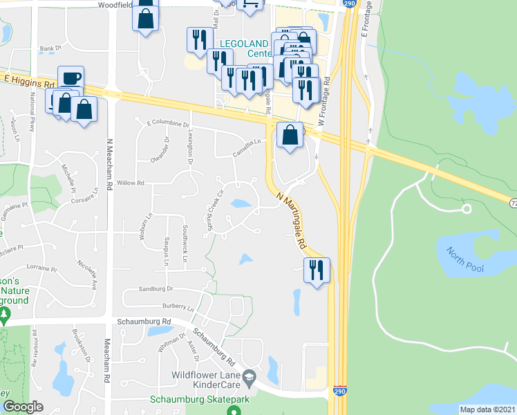 map of restaurants, bars, coffee shops, grocery stores, and more near Spring Creek Cir & Corporate Crossing Rd in Schaumburg