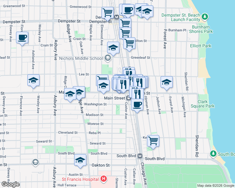 map of restaurants, bars, coffee shops, grocery stores, and more near 740 Main Street in Evanston