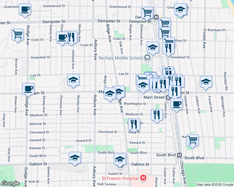 map of restaurants, bars, coffee shops, grocery stores, and more near 910 Ridge Avenue in Evanston