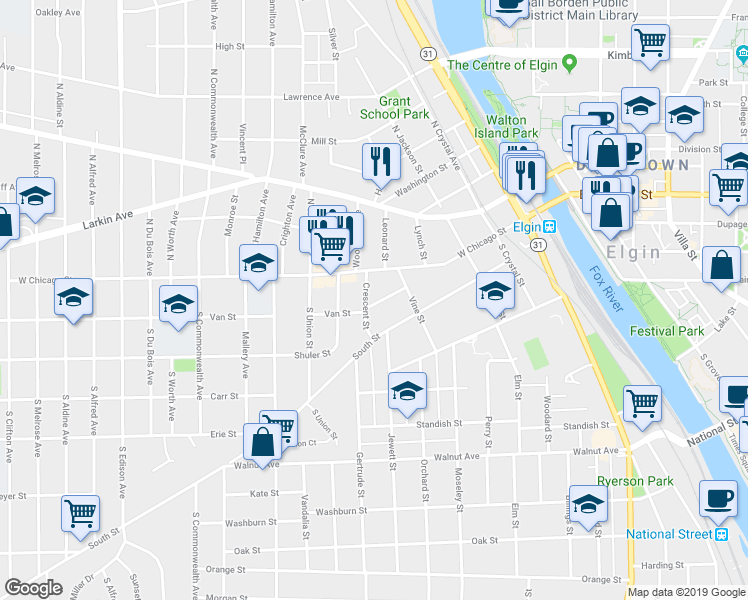 map of restaurants, bars, coffee shops, grocery stores, and more near 536 Van Street in Elgin