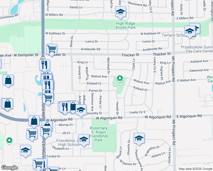map of restaurants, bars, coffee shops, grocery stores, and more near 442 Kinkaid Court in Des Plaines