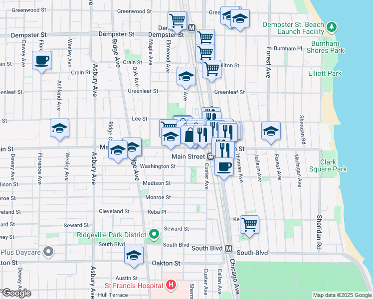 map of restaurants, bars, coffee shops, grocery stores, and more near 914 Sherman Avenue in Evanston