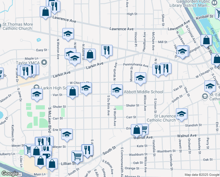 map of restaurants, bars, coffee shops, grocery stores, and more near 21 South Du Bois Avenue in Elgin