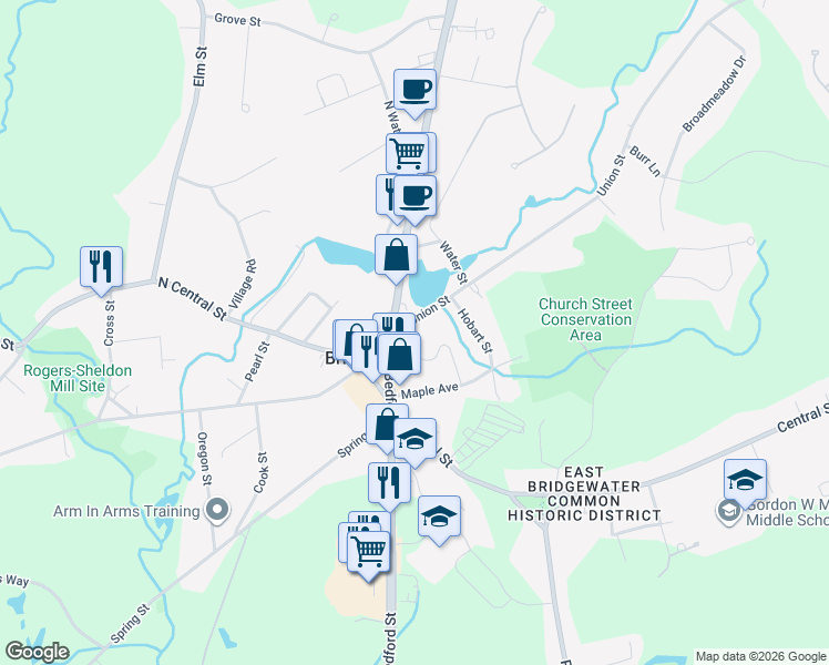map of restaurants, bars, coffee shops, grocery stores, and more near 74 Union Street in East Bridgewater