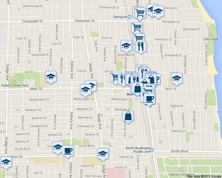 map of restaurants, bars, coffee shops, grocery stores, and more near 912 Elmwood Avenue in Evanston