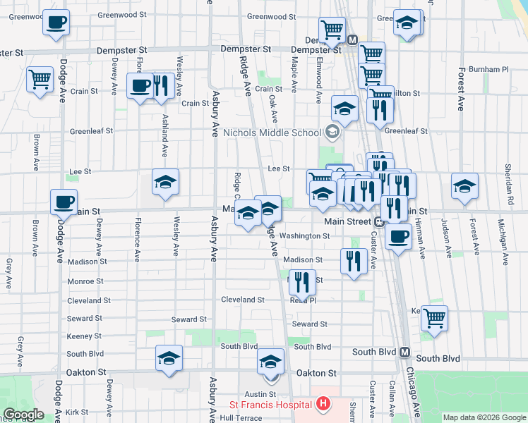 map of restaurants, bars, coffee shops, grocery stores, and more near 910 Ridge Avenue in Evanston