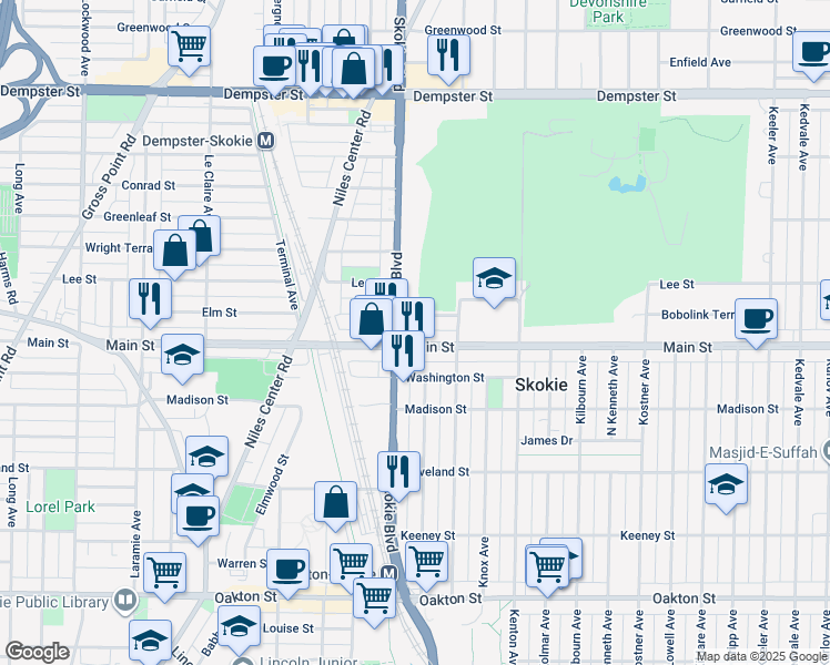 map of restaurants, bars, coffee shops, grocery stores, and more near 4750 Elm Terrace in Skokie