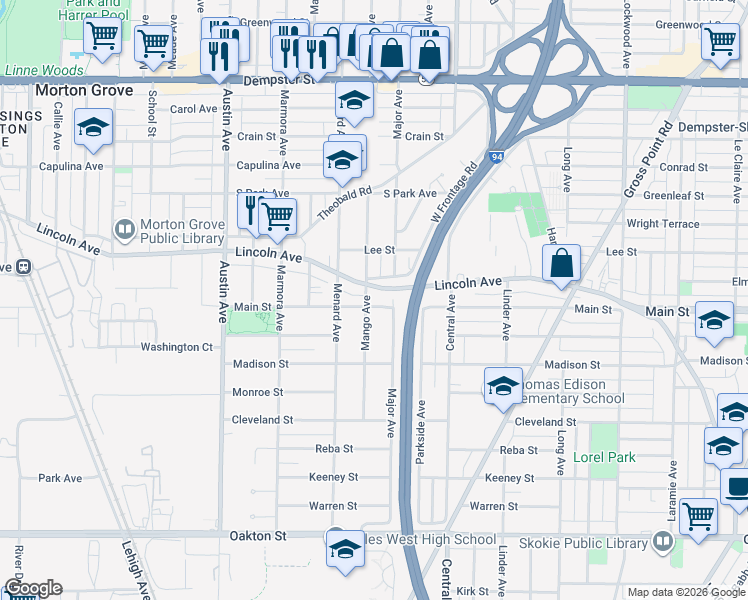map of restaurants, bars, coffee shops, grocery stores, and more near 8430 Major Avenue in Morton Grove