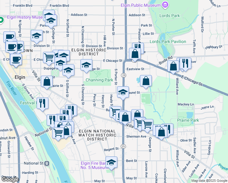 map of restaurants, bars, coffee shops, grocery stores, and more near 153 South Porter Street in Elgin
