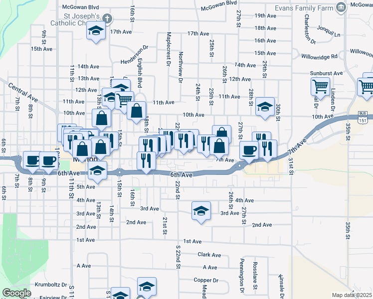 map of restaurants, bars, coffee shops, grocery stores, and more near 801 22nd Street in Marion