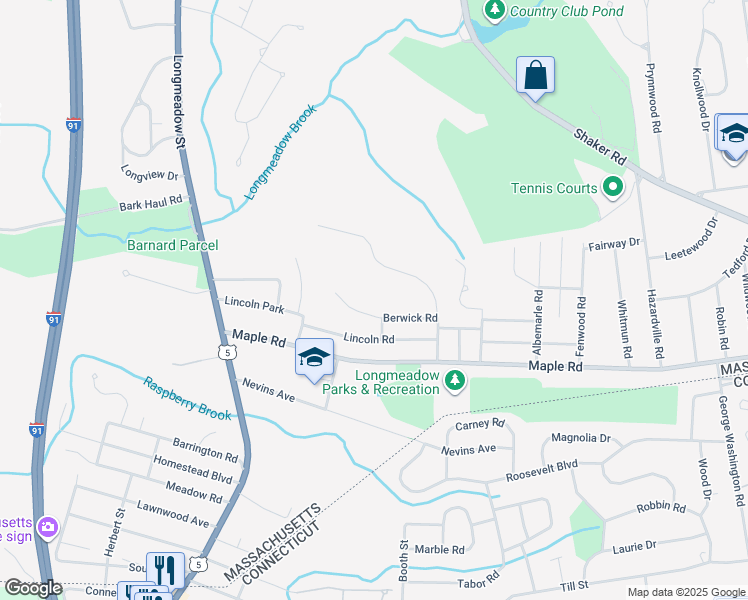 map of restaurants, bars, coffee shops, grocery stores, and more near 144 Franklin Road in Longmeadow