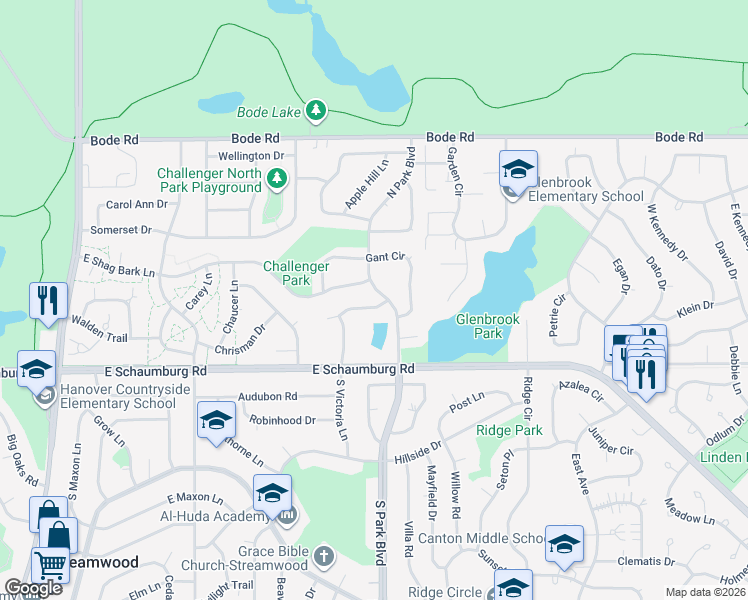 map of restaurants, bars, coffee shops, grocery stores, and more near 86 North Victoria Lane in Streamwood