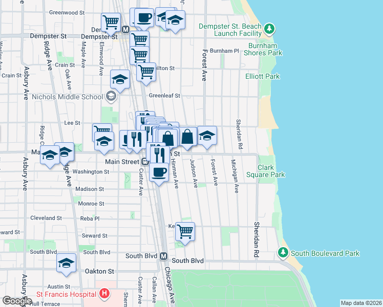 map of restaurants, bars, coffee shops, grocery stores, and more near Main St & Judson Ave in Evanston