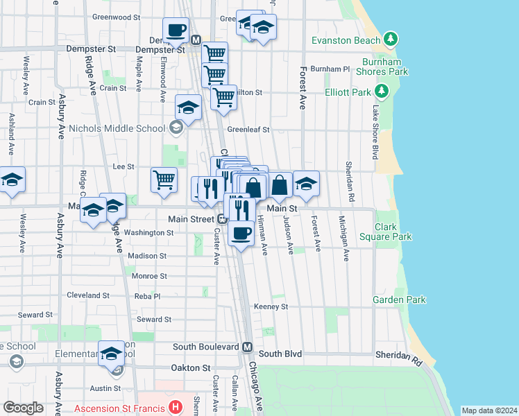 map of restaurants, bars, coffee shops, grocery stores, and more near 900 Hinman Avenue in Evanston