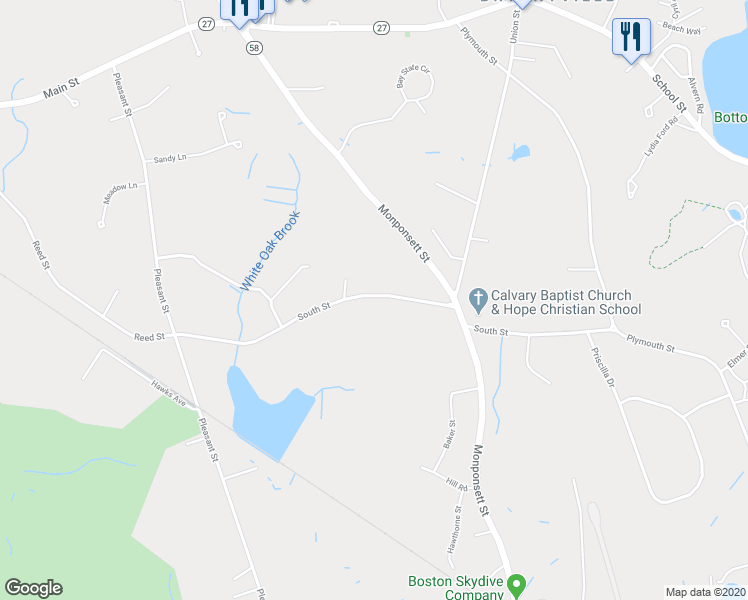 map of restaurants, bars, coffee shops, grocery stores, and more near 244 South Street in Hanson