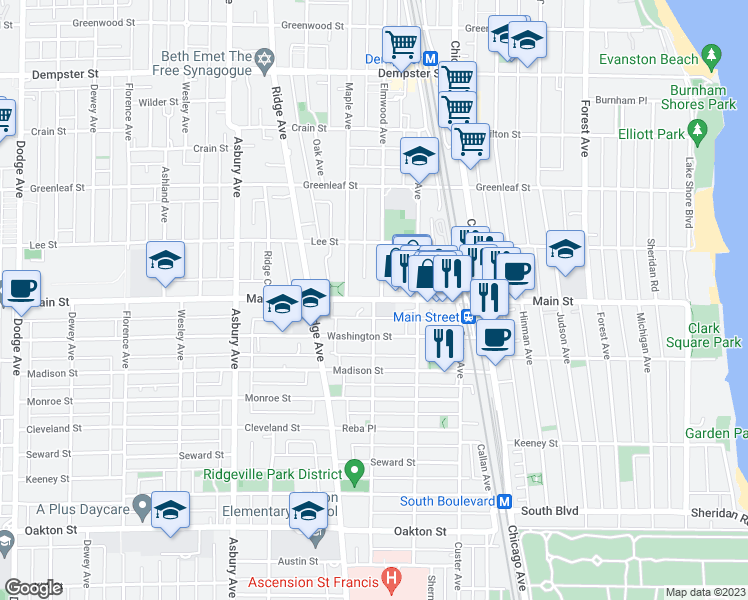 map of restaurants, bars, coffee shops, grocery stores, and more near Main Street & Elmwood Avenue in Evanston