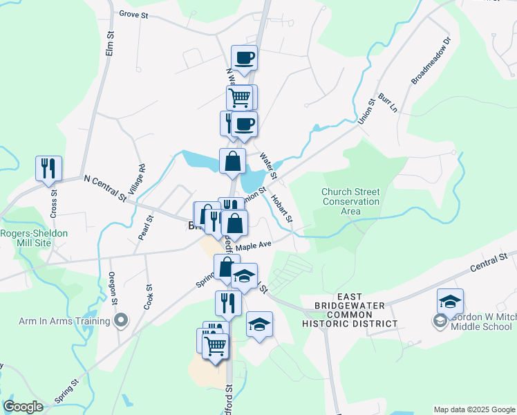 map of restaurants, bars, coffee shops, grocery stores, and more near 16 Hobart Street in East Bridgewater