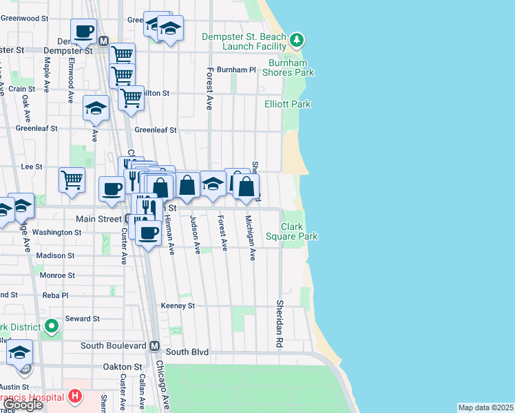 map of restaurants, bars, coffee shops, grocery stores, and more near 912 Sheridan Road in Evanston