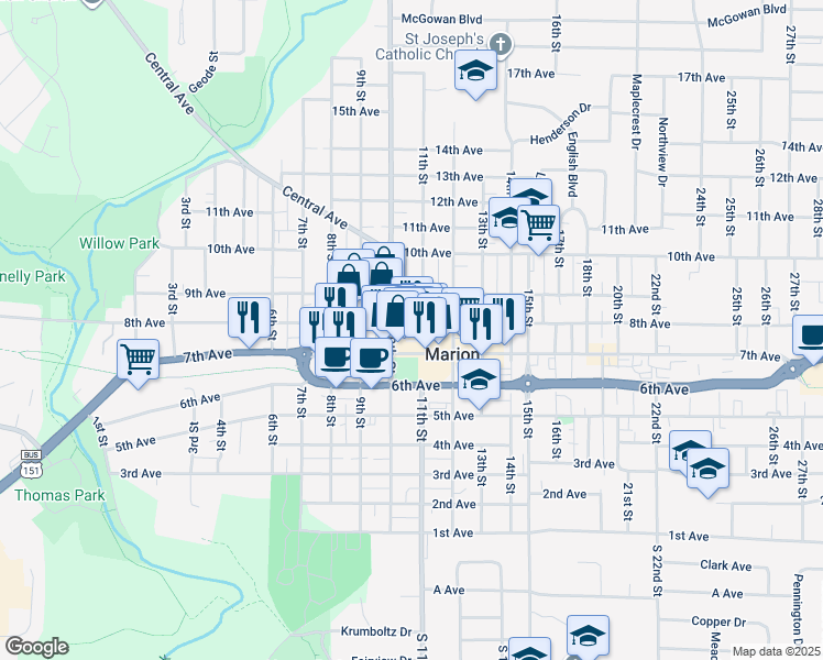 map of restaurants, bars, coffee shops, grocery stores, and more near 801 10th Street in Marion